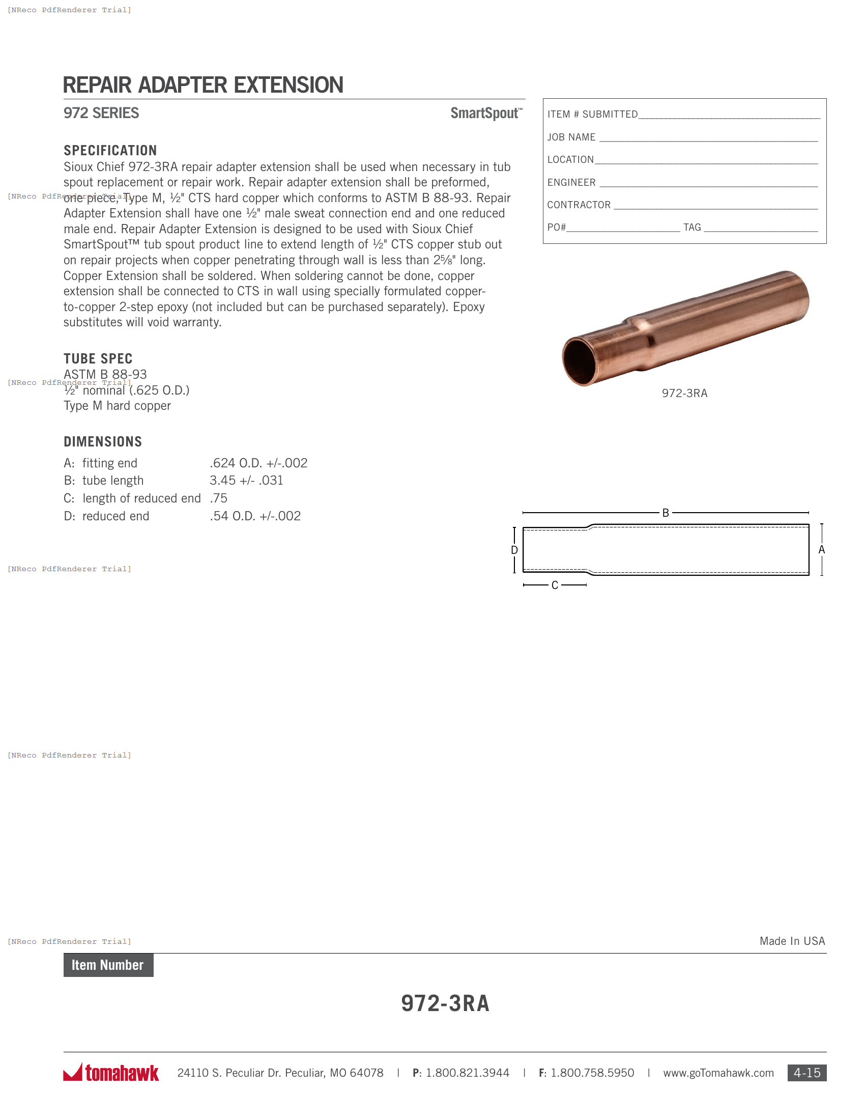 972-3RA - SMARTSPOUT ADAPTER EXTENSION - SPEC SHEET.PDF Specification Document